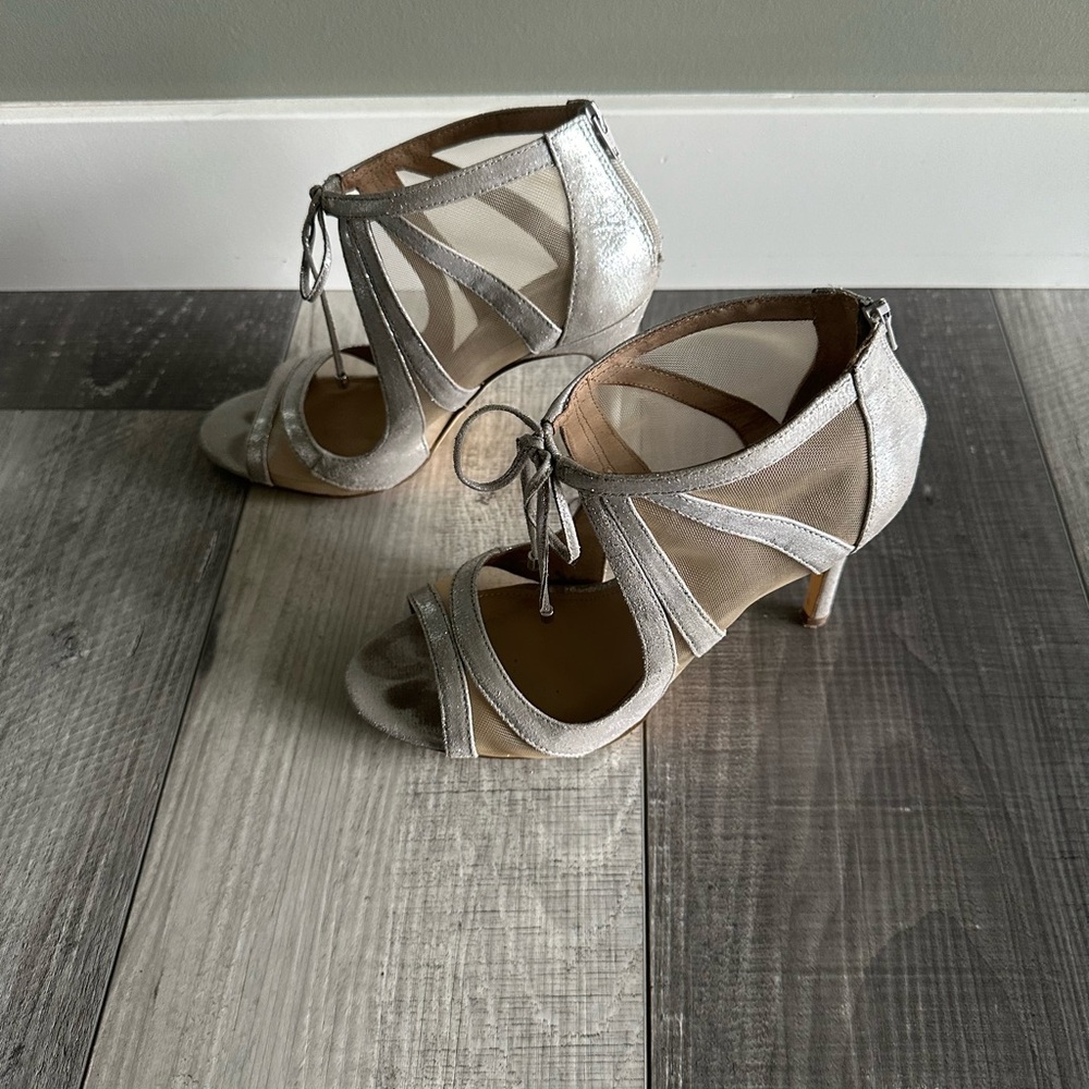 Browns Size 6 Open Toe Booties. Silver with nude mesh.